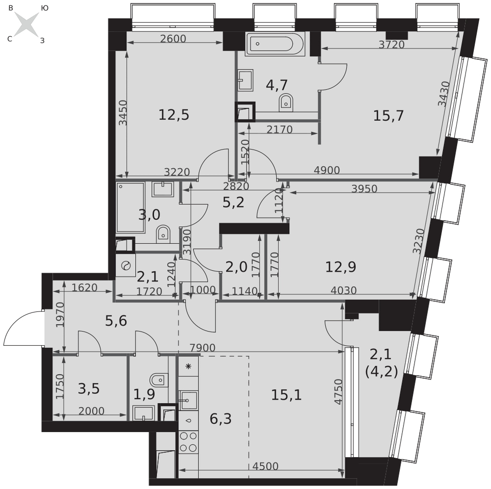 4-комнатная 92 м2 в ЖК Sydney City корпус null этаж 6