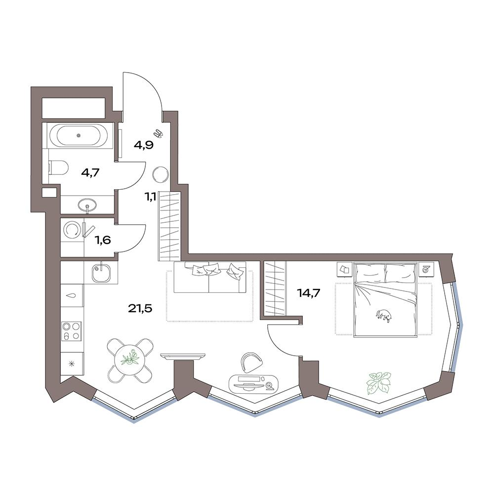 2-комнатная 48 м2 в ЖК Акценты корпус null этаж 15