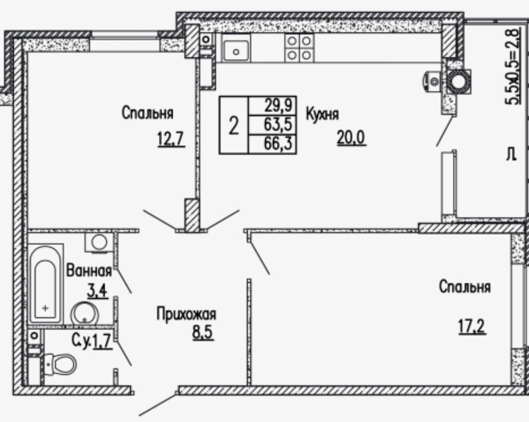 3-комнатная 66.3 м2 в ЖК undefined корпус null этаж 12