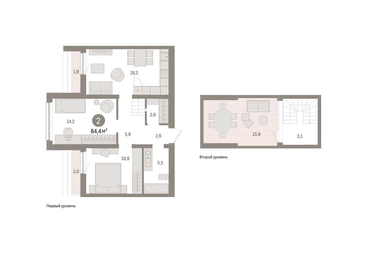2-комнатная 84 м2 в ЖК Зарека корпус null этаж 8