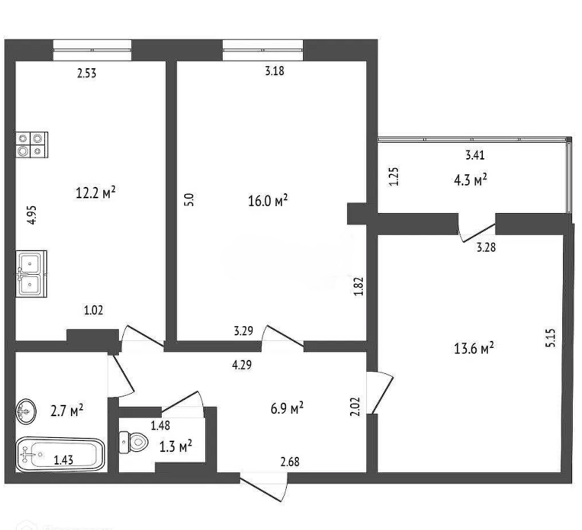 2-комнатная 53.2 м2 в ЖК undefined корпус null этаж 2