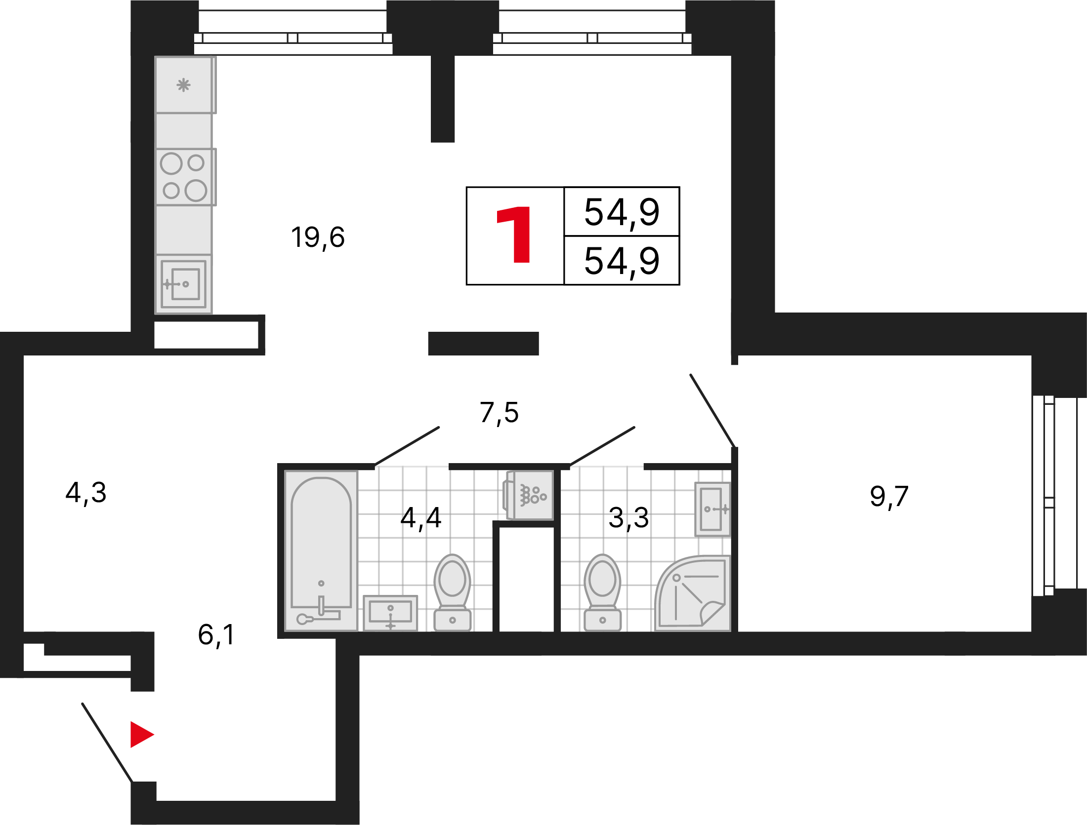 1-комнатная 54 м2 в ЖК Бестселлер корпус null этаж 16