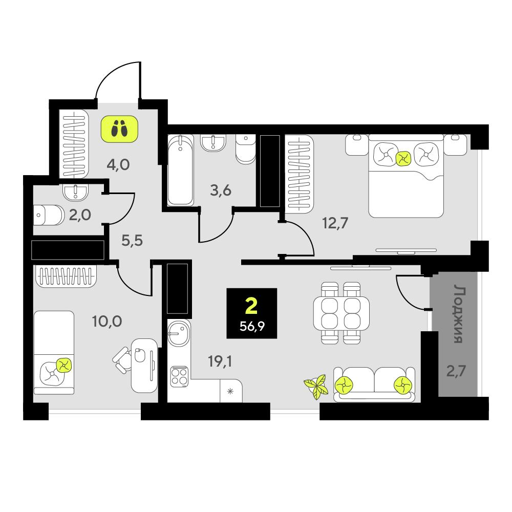 2-комнатная 56 м2 в ЖК Мотивы корпус null этаж 10