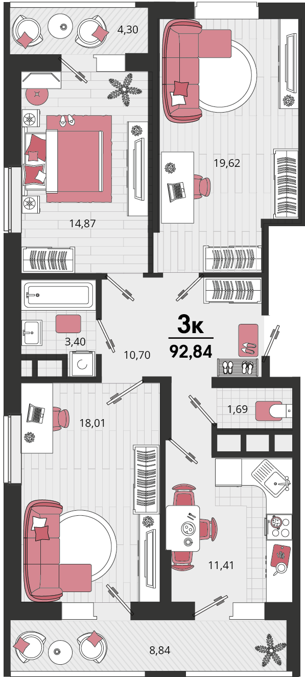 3-комнатная 92 м2 в ЖК Родные просторы корпус null этаж 8