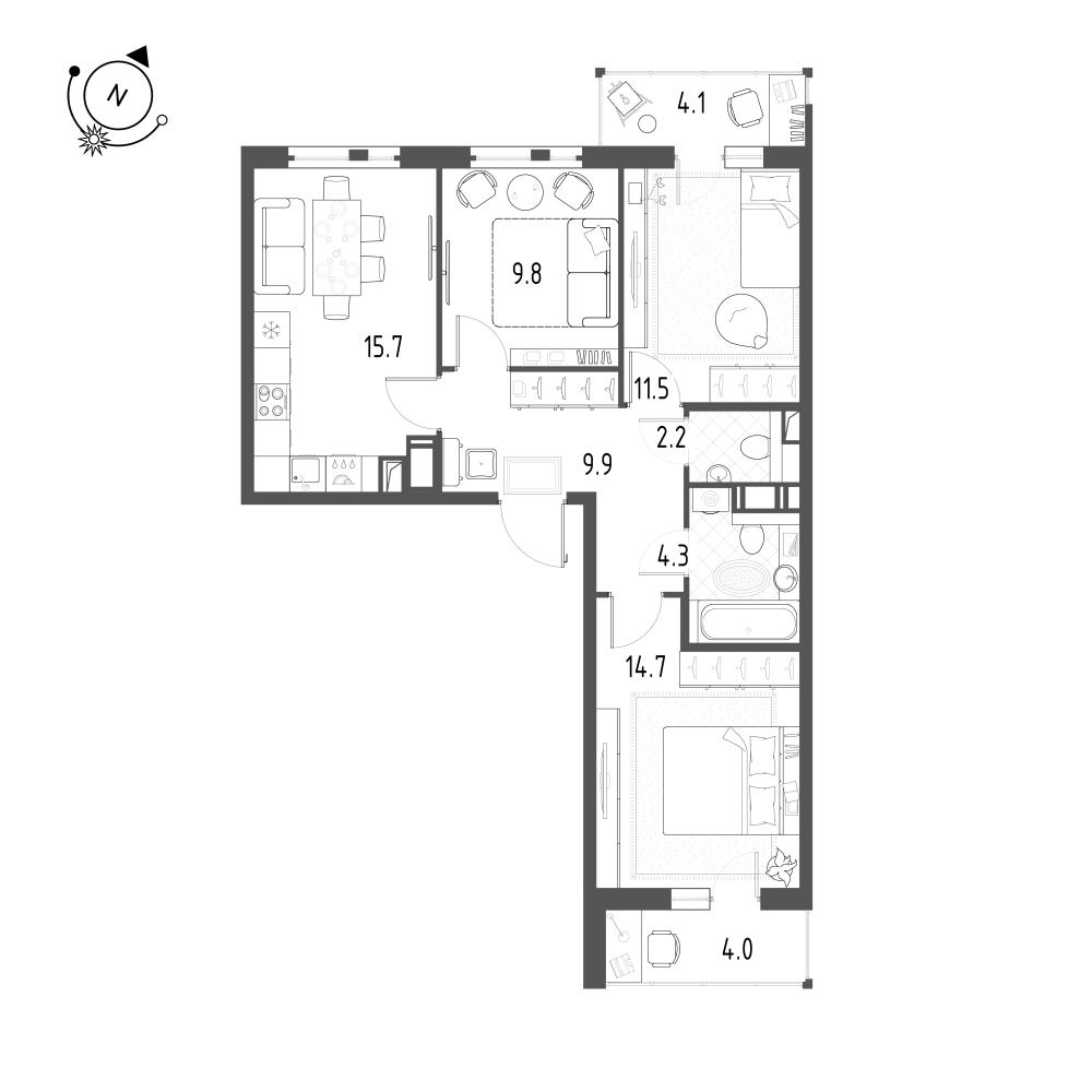 3-комнатная 71 м2 в ЖК Монография корпус null этаж 10