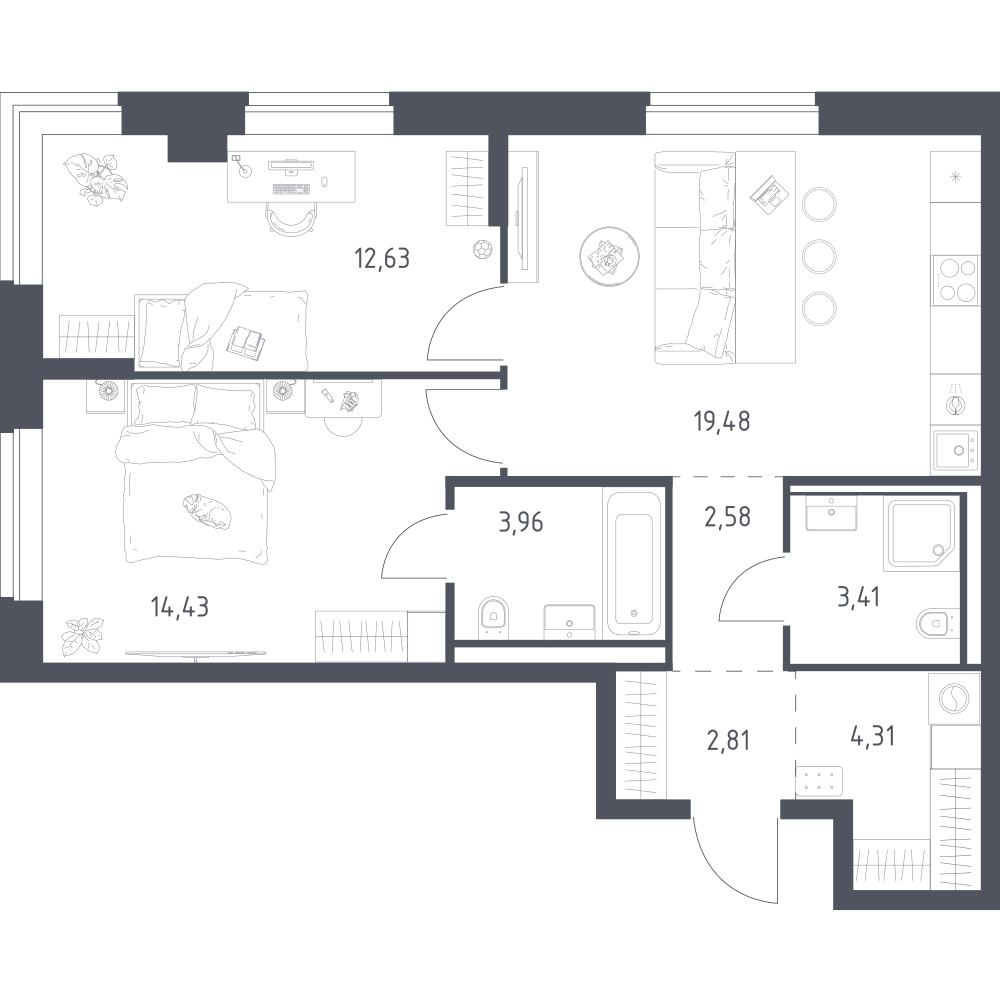 2-комнатная 63 м2 в ЖК Литературный Квартал корпус null этаж 8