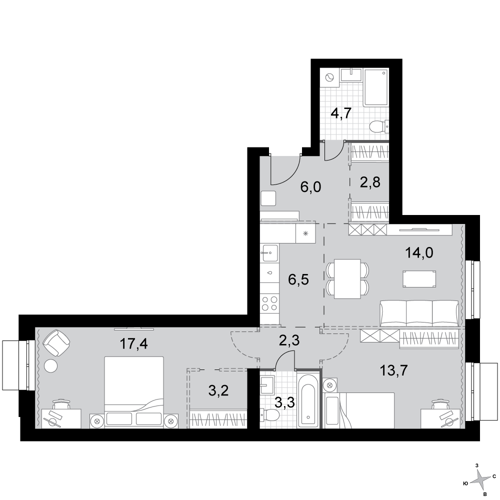 3-комнатная 73 м2 в ЖК Дубровицы Клаб корпус null этаж 4