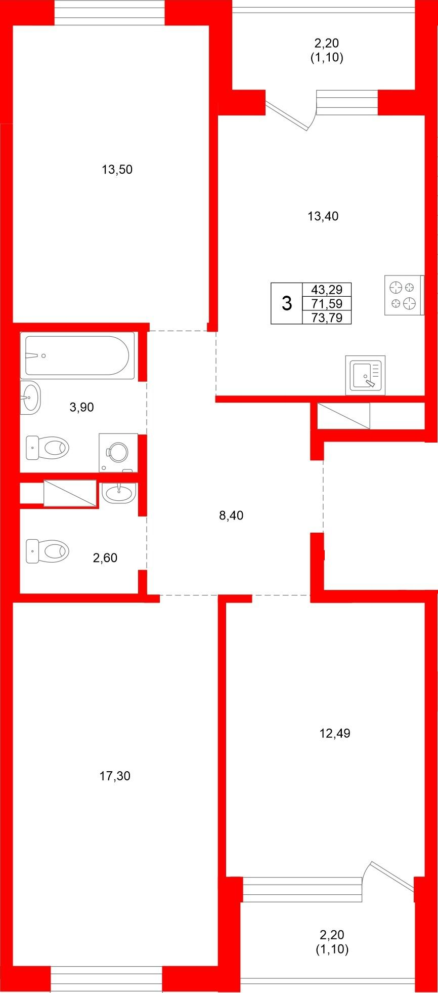 3-комнатная 73 м2 в ЖК PLUS Пулковский корпус null этаж 2