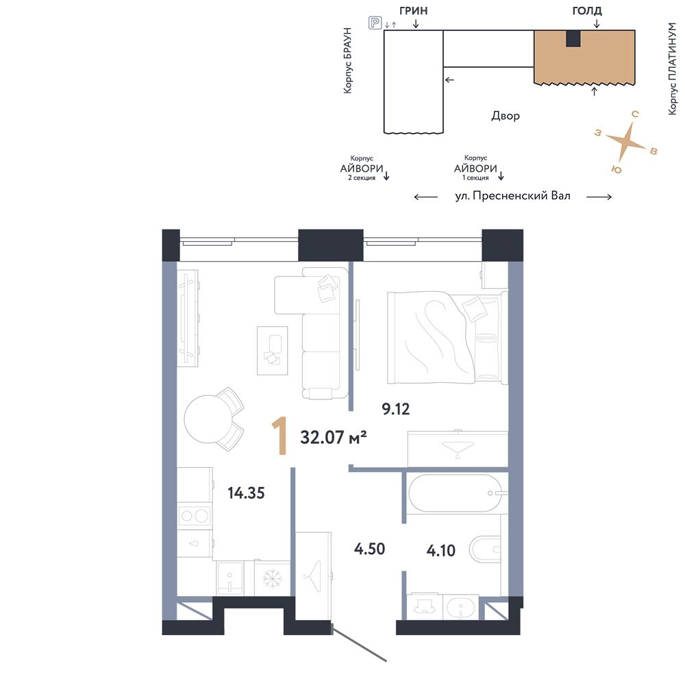 1-комнатная 32 м2 в ЖК Репаблик корпус null этаж 19