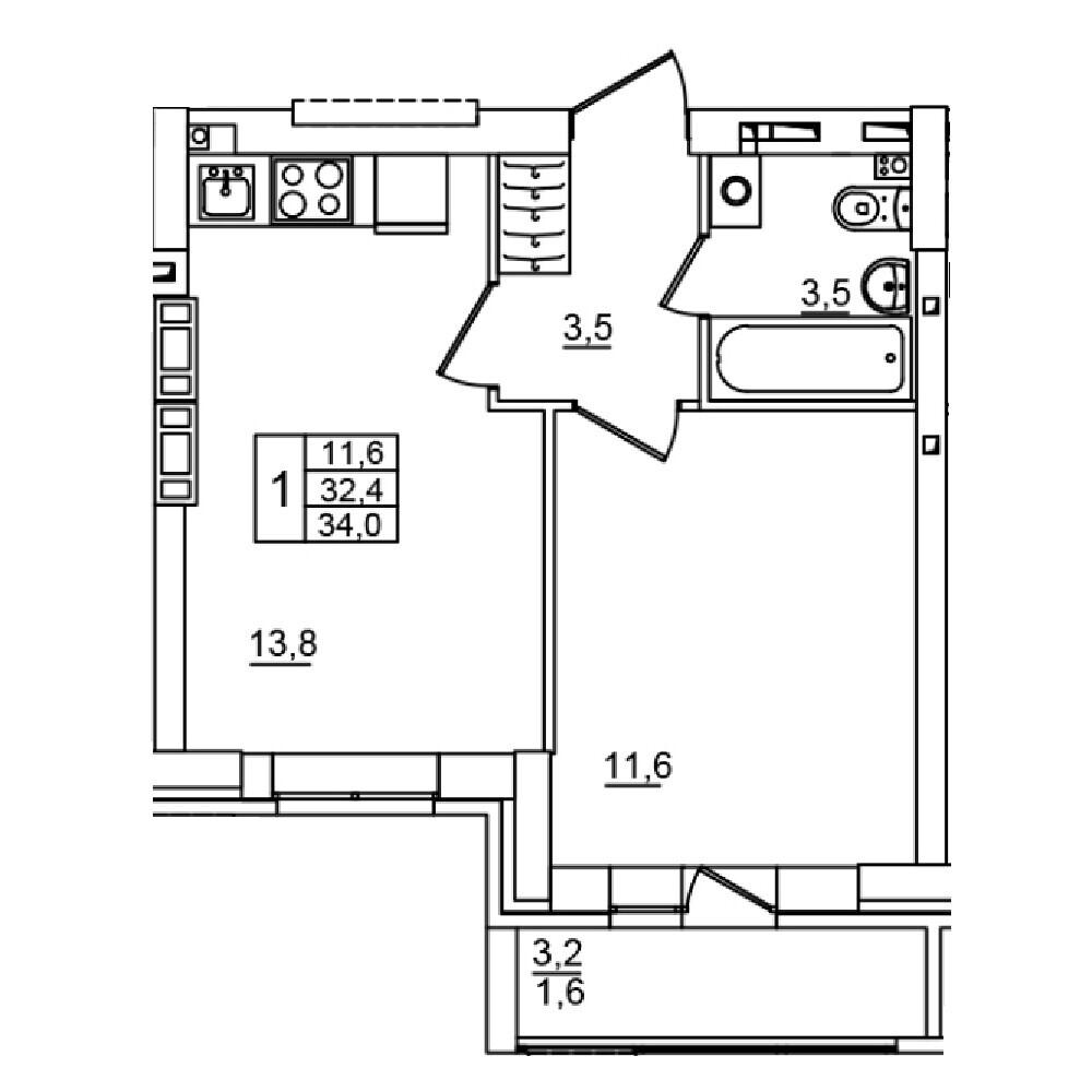 1-комнатная 34 м2 в ЖК Сталь корпус null этаж 12