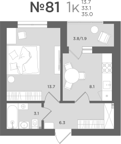 1-комнатная 33 м2 в ЖК МС18 корпус null этаж 5