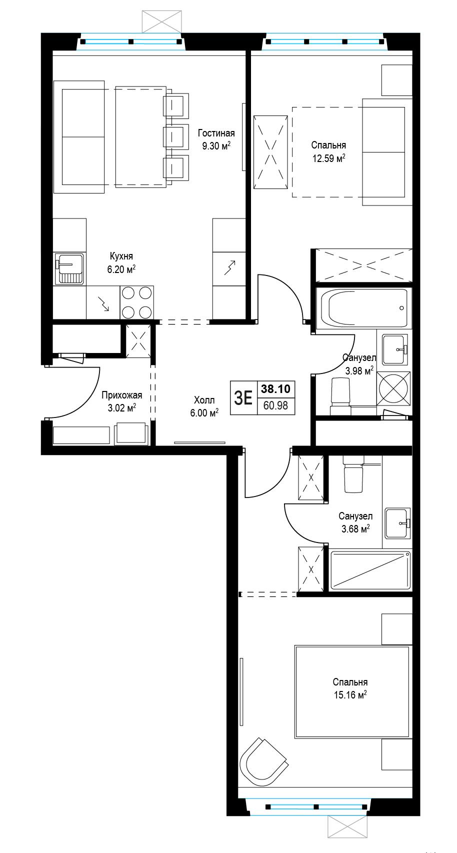 3-комнатная 60 м2 в ЖК Эко Видное 2.0 корпус null этаж 10
