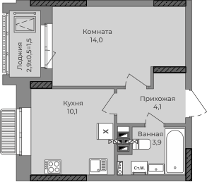 1-комнатная 35 м2 в ЖК Город-парк корпус null этаж 3