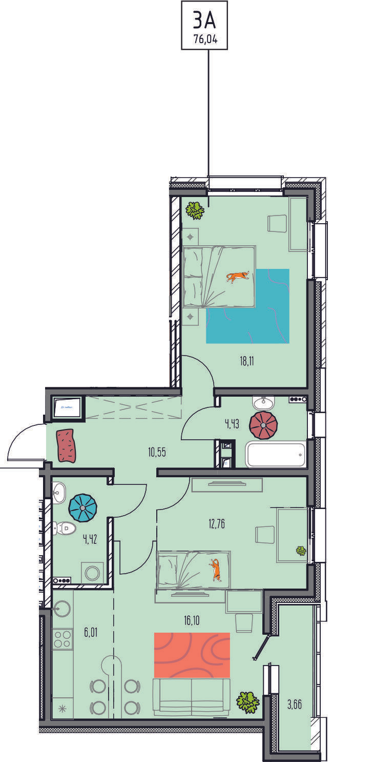 3-комнатная 76 м2 в ЖК Лотос корпус null этаж 8