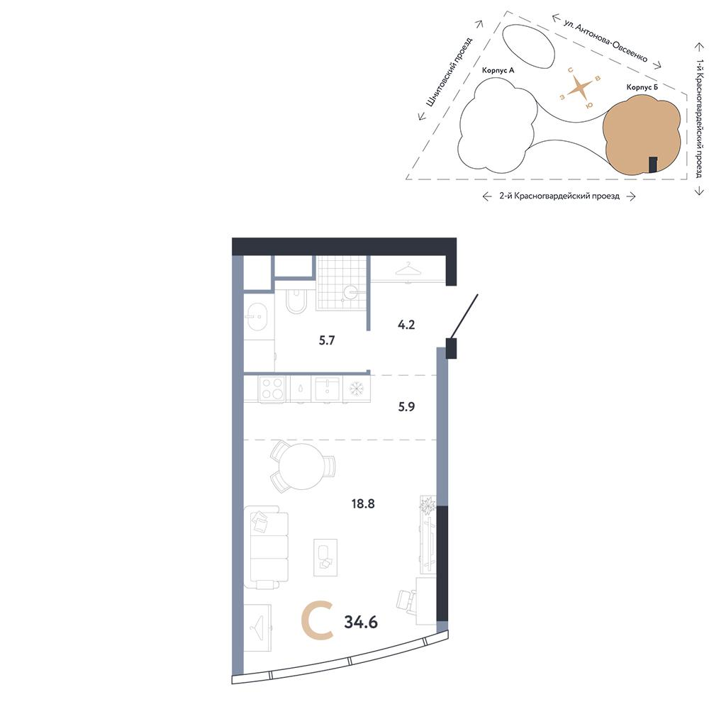 Студия 34 м2 в ЖК AURUS Residences корпус null этаж 41