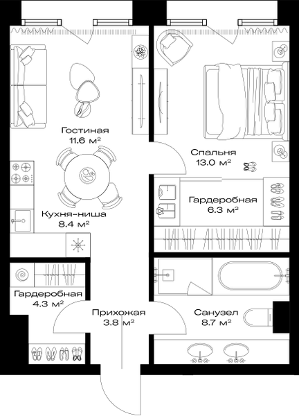 1-комнатная 56 м2 в ЖК Opus корпус null этаж 8