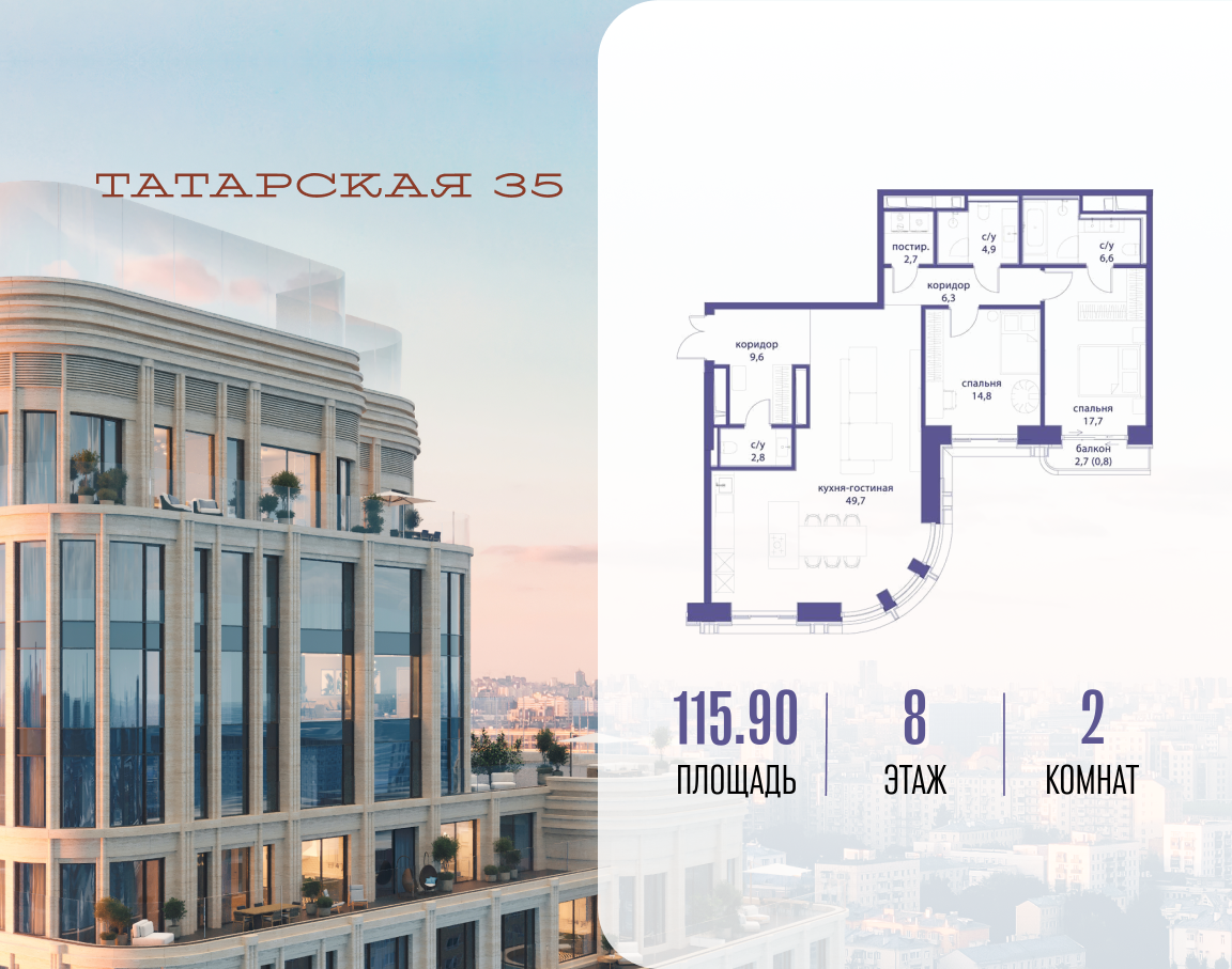 2-комнатная 115 м2 в ЖК Татарская 35 корпус null этаж 8