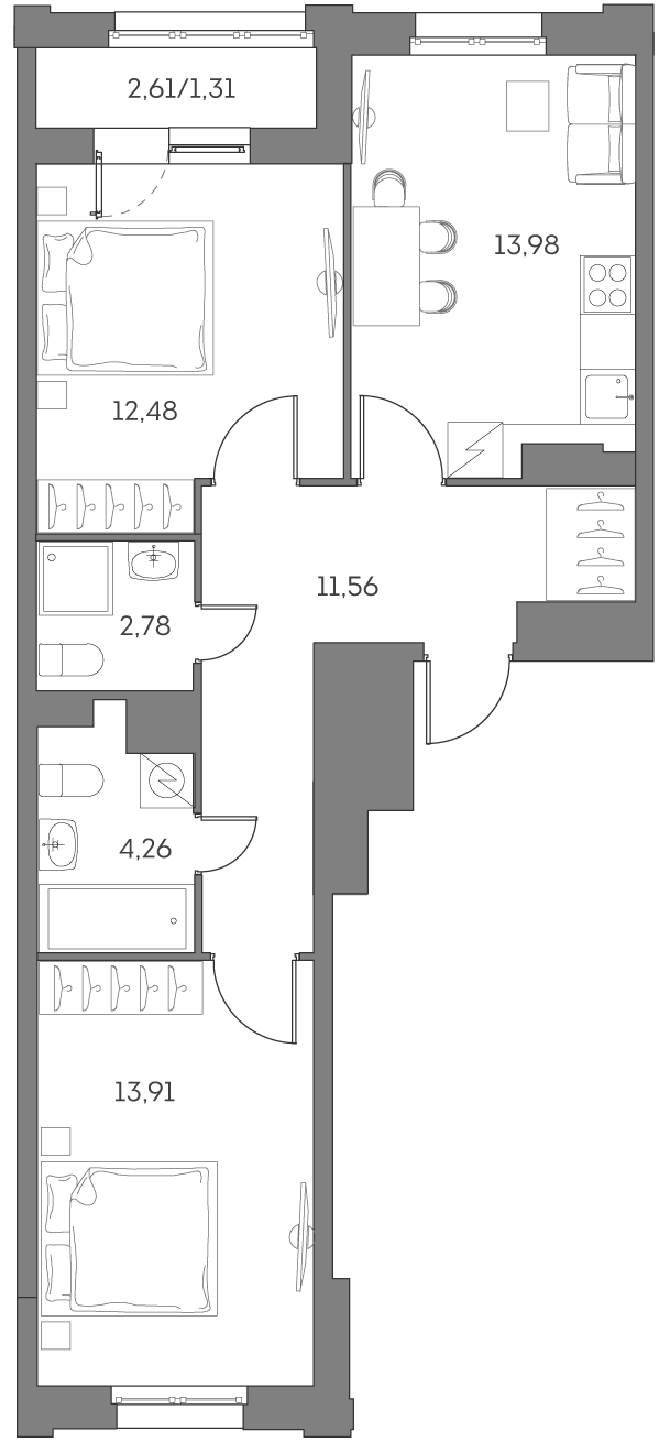 2-комнатная 60 м2 в ЖК Аквилон Бисайд 2.0 корпус null этаж 10