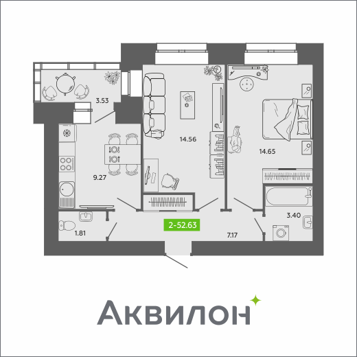 2-комнатная 52 м2 в ЖК RIVER PARK-2 корпус null этаж 8