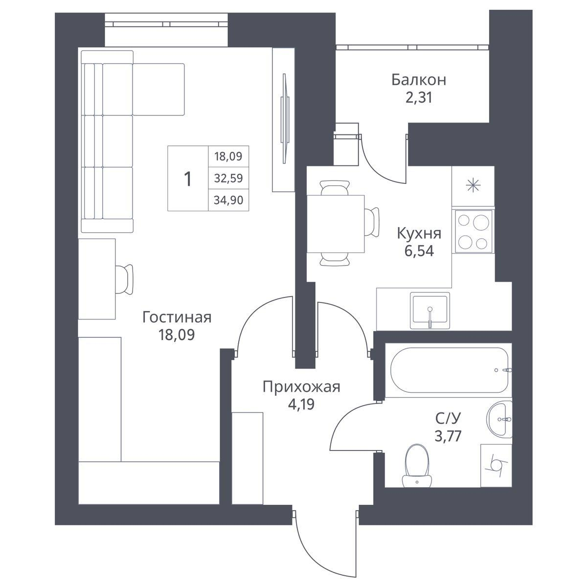 1-комнатная 34 м2 в ЖК АКТИВ корпус null этаж 12