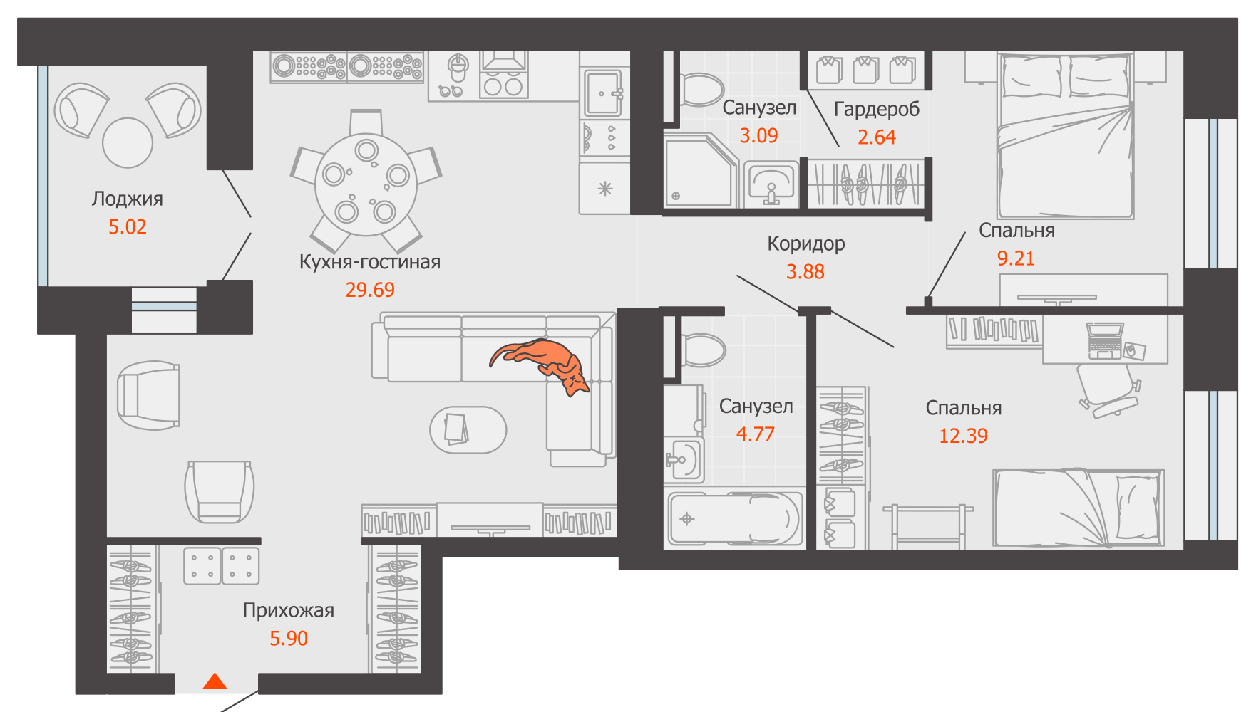 3-комнатная 74 м2 в ЖК ЖК Город Новаторов корпус null этаж 8