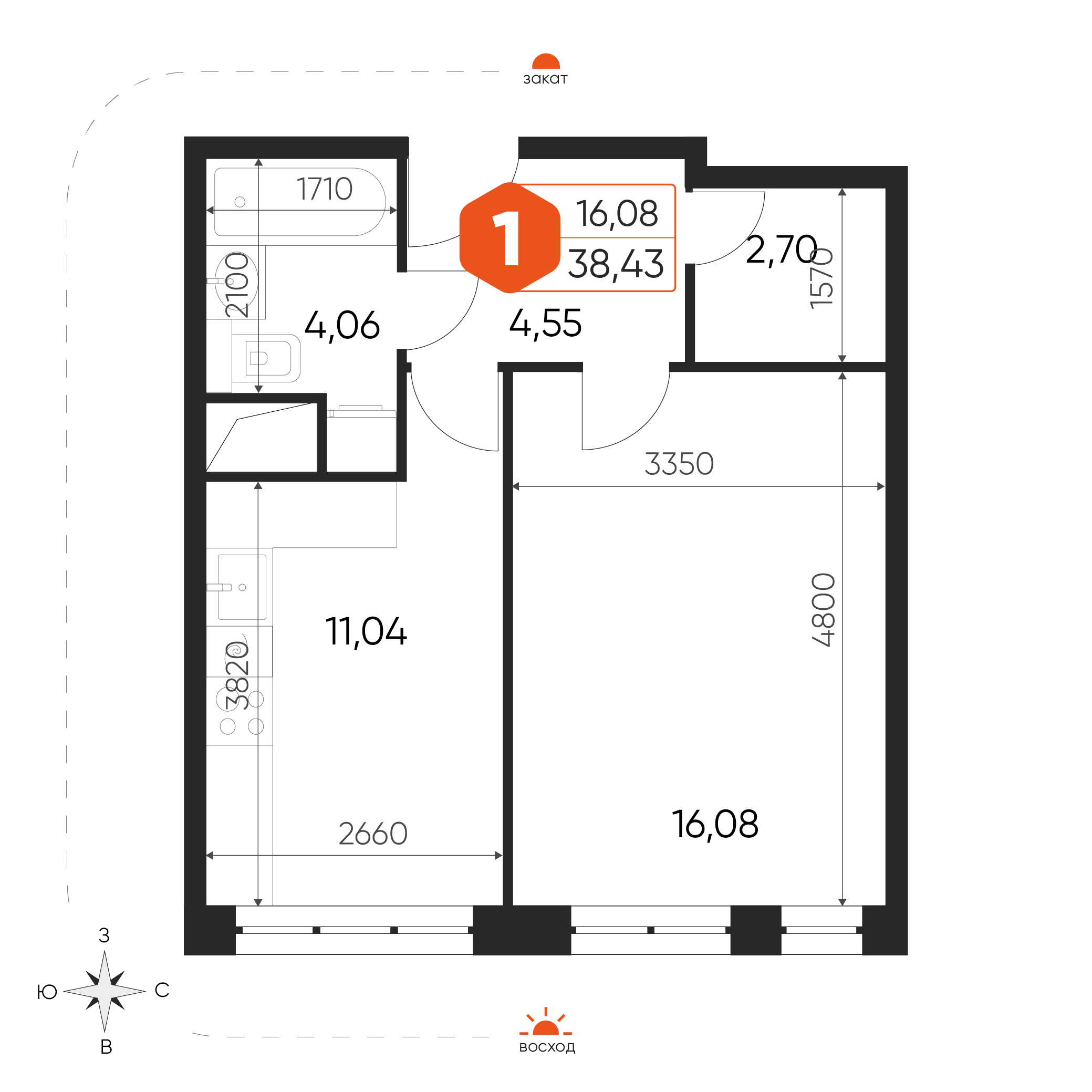 1-комнатная 38 м2 в ЖК Экоград Новый Катуар корпус null этаж 10