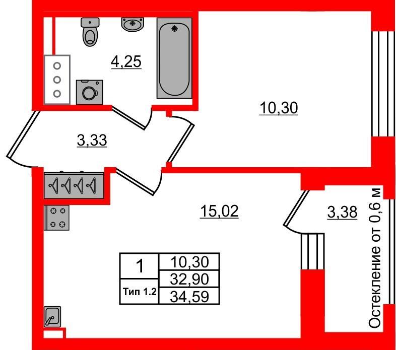 1-комнатная 32 м2 в ЖК Setl Ривьера корпус null этаж 4