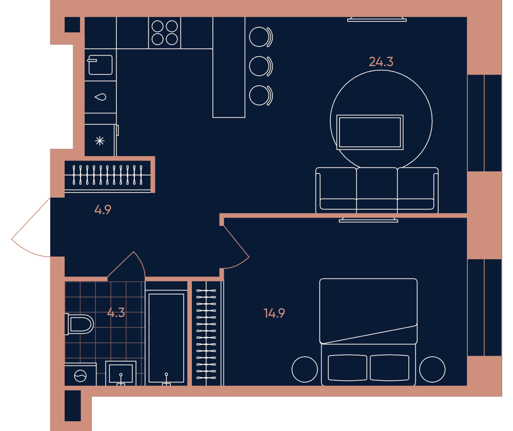 2-комнатная 48 м2 в ЖК ERA / Дербеневская 20 корпус null этаж 30