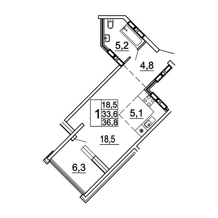 1-комнатная 36 м2 в ЖК Сингапур корпус null этаж 14