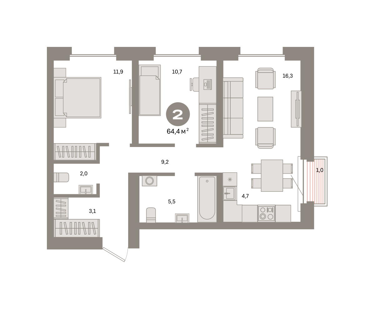 2-комнатная 64 м2 в ЖК Метроном корпус null этаж 12