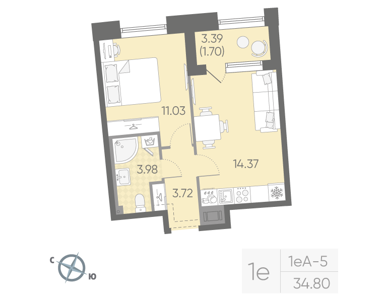 1-комнатная 34 м2 в ЖК Бульвар Грина корпус null этаж 5