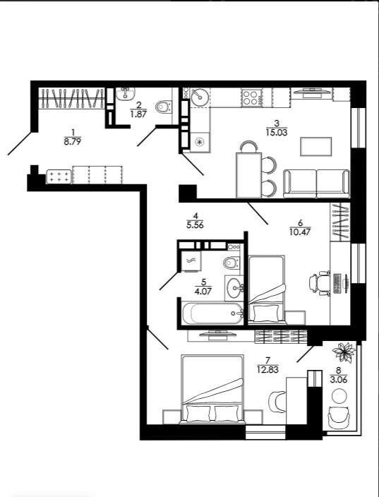 2-комнатная 60.6 м2 в ЖК undefined корпус null этаж 15