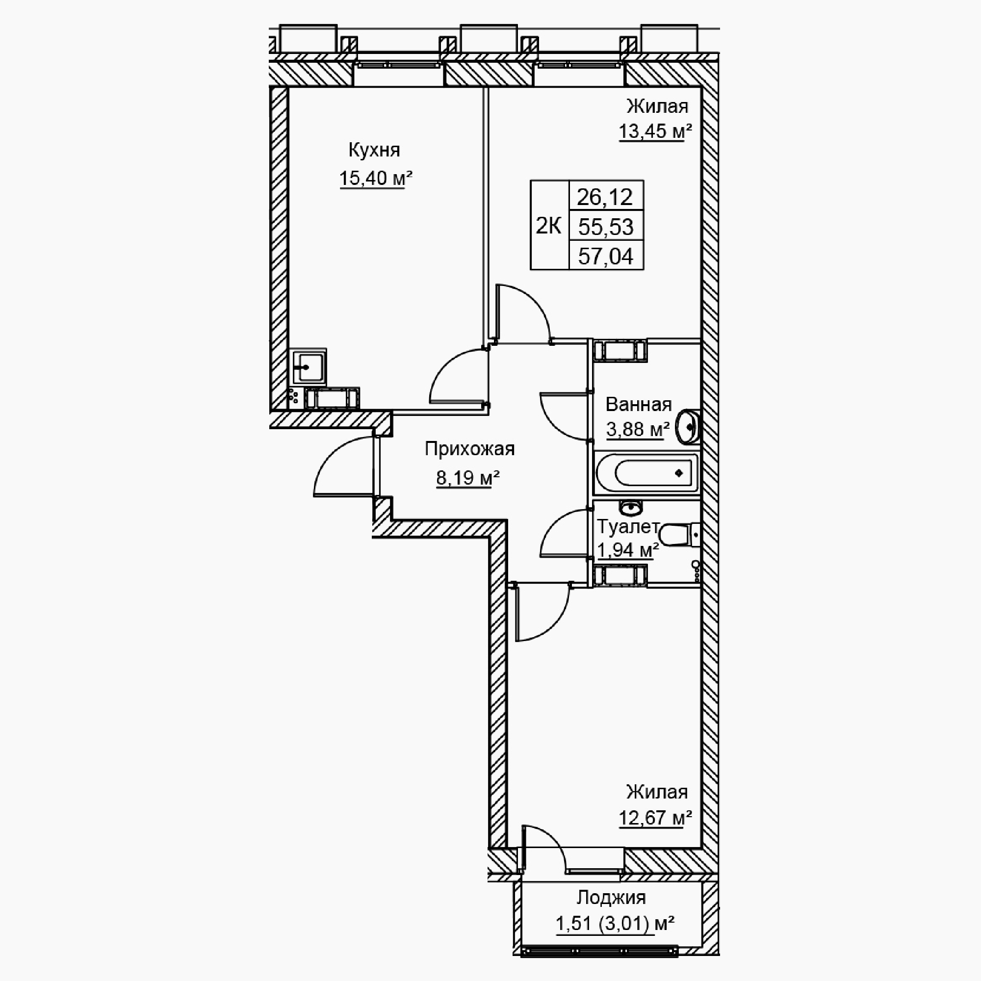 2-комнатная 57 м2 в ЖК Сталь корпус null этаж 5