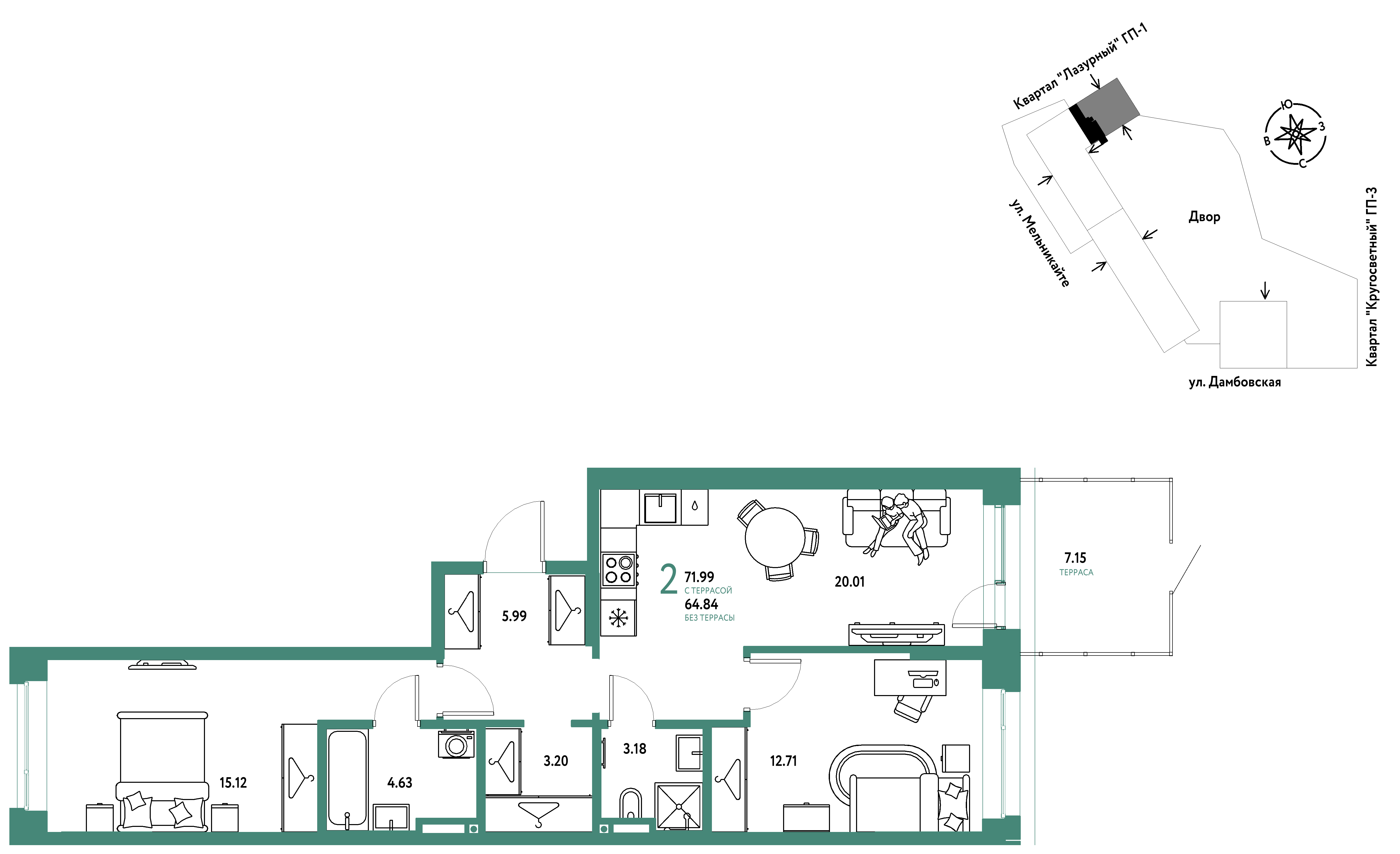 2-комнатная 71 м2 в ЖК Страна.Прибрежная корпус null этаж 1