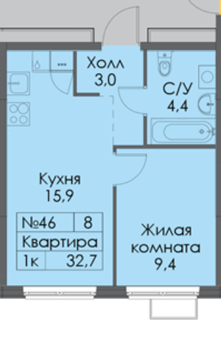 1-комнатная 32.7 м2 в ЖК undefined корпус null этаж 5