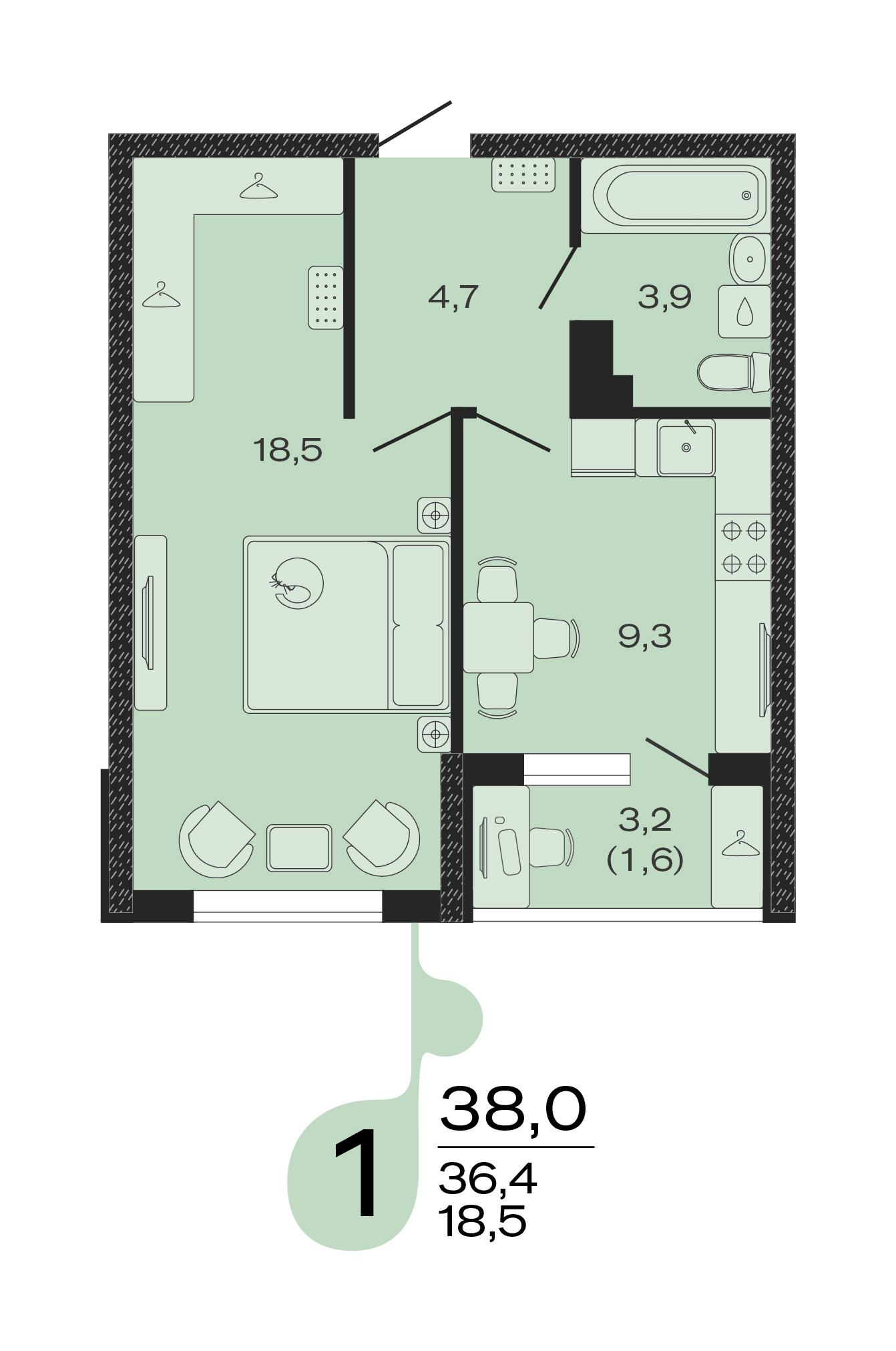 1-комнатная 38 м2 в ЖК ЭВО корпус null этаж 3