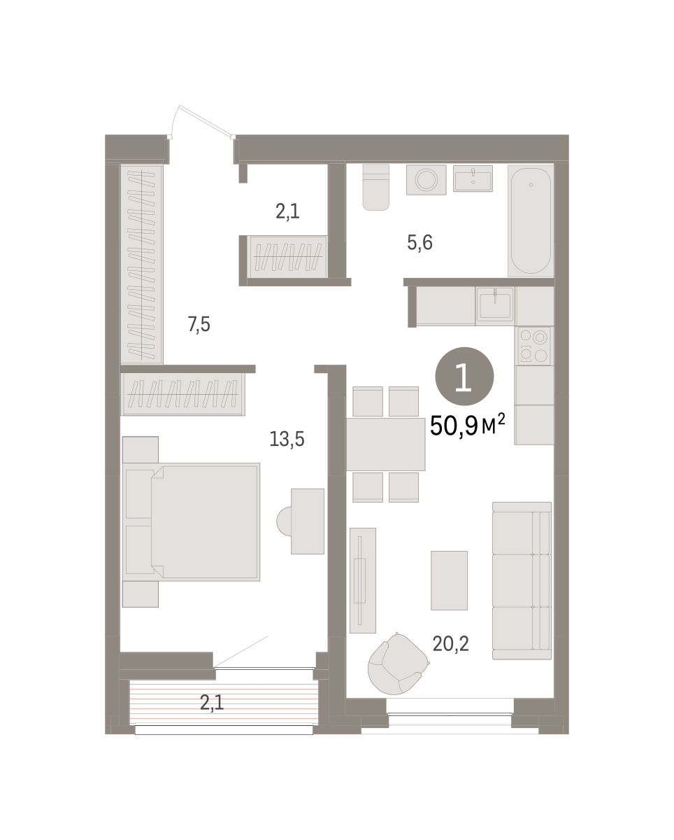 1-комнатная 50 м2 в ЖК Речной порт корпус null этаж 4