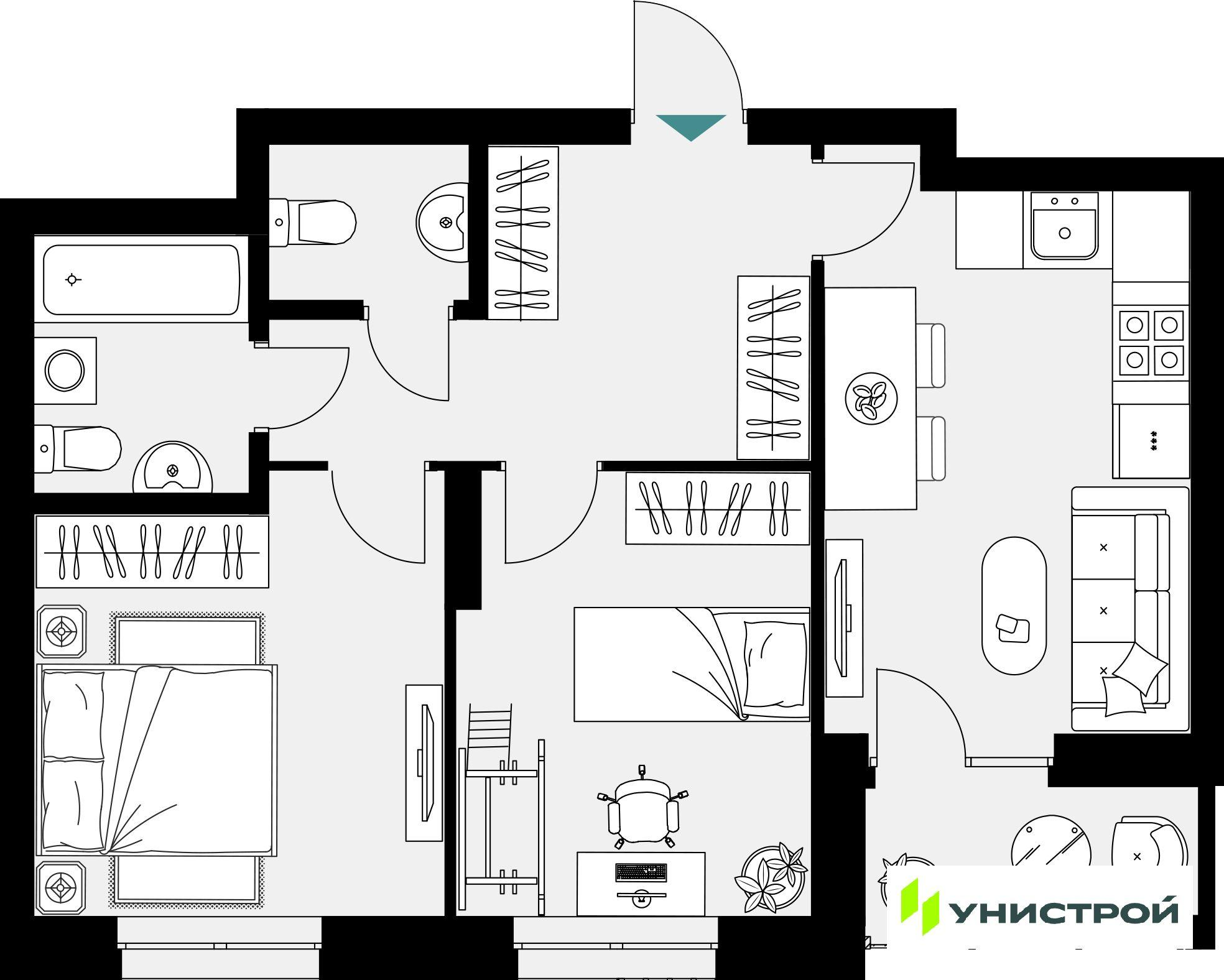 2-комнатная 55 м2 в ЖК Уникум на Амирхана корпус null этаж 10