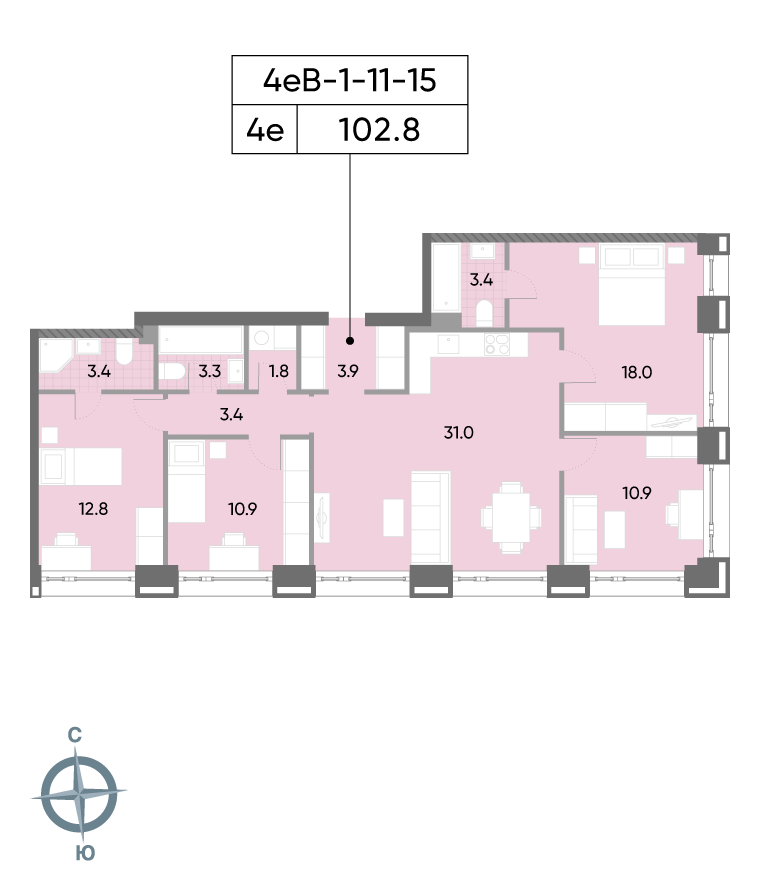 4-комнатная 103 м2 в ЖК Вейв корпус null этаж 12