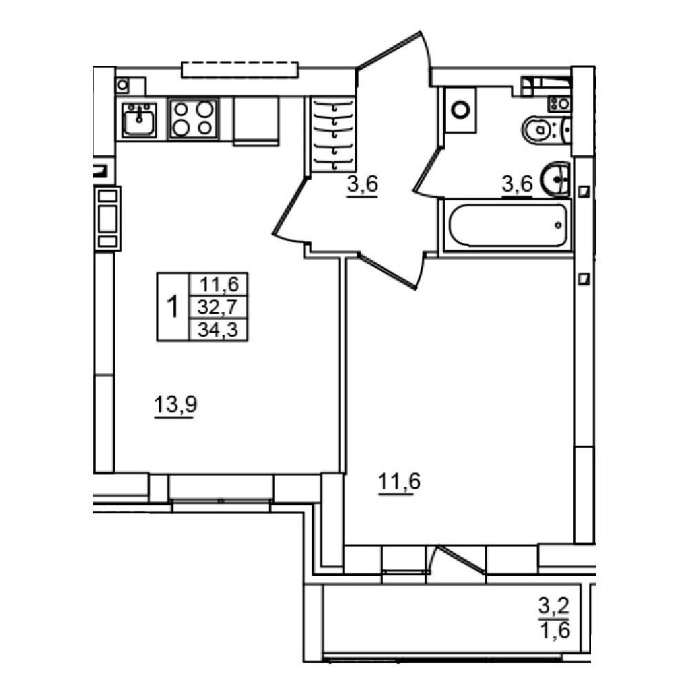 1-комнатная 34 м2 в ЖК Сталь корпус null этаж 8