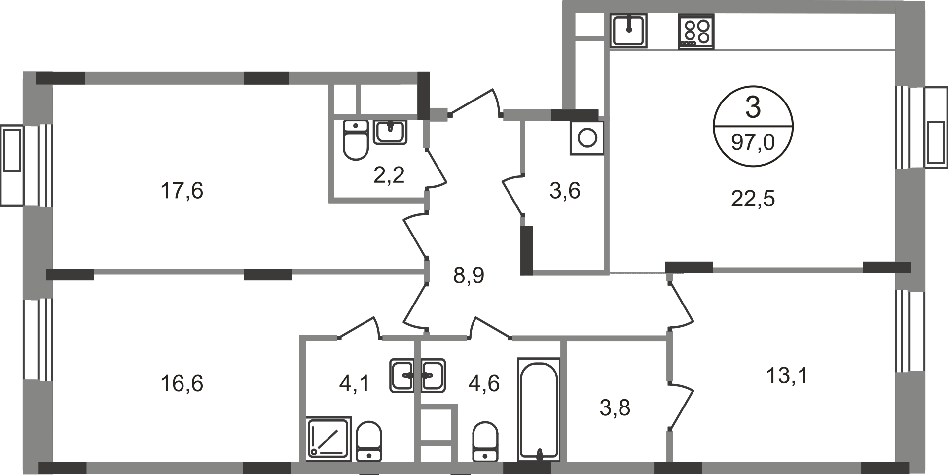 3-комнатная 97 м2 в ЖК Резиденции Сколково корпус null этаж 5