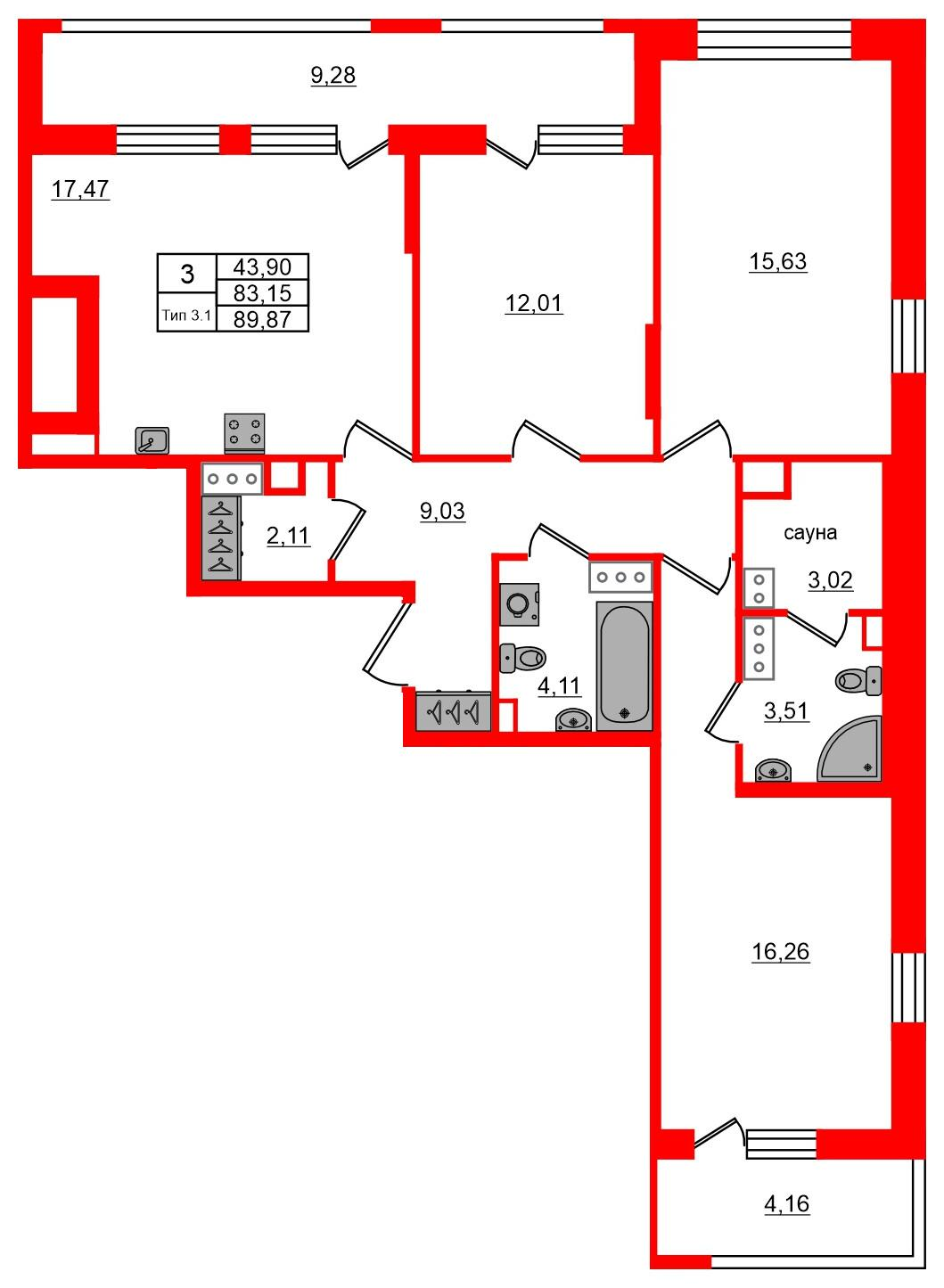 3-комнатная 83 м2 в ЖК Setl Ривьера корпус null этаж 11