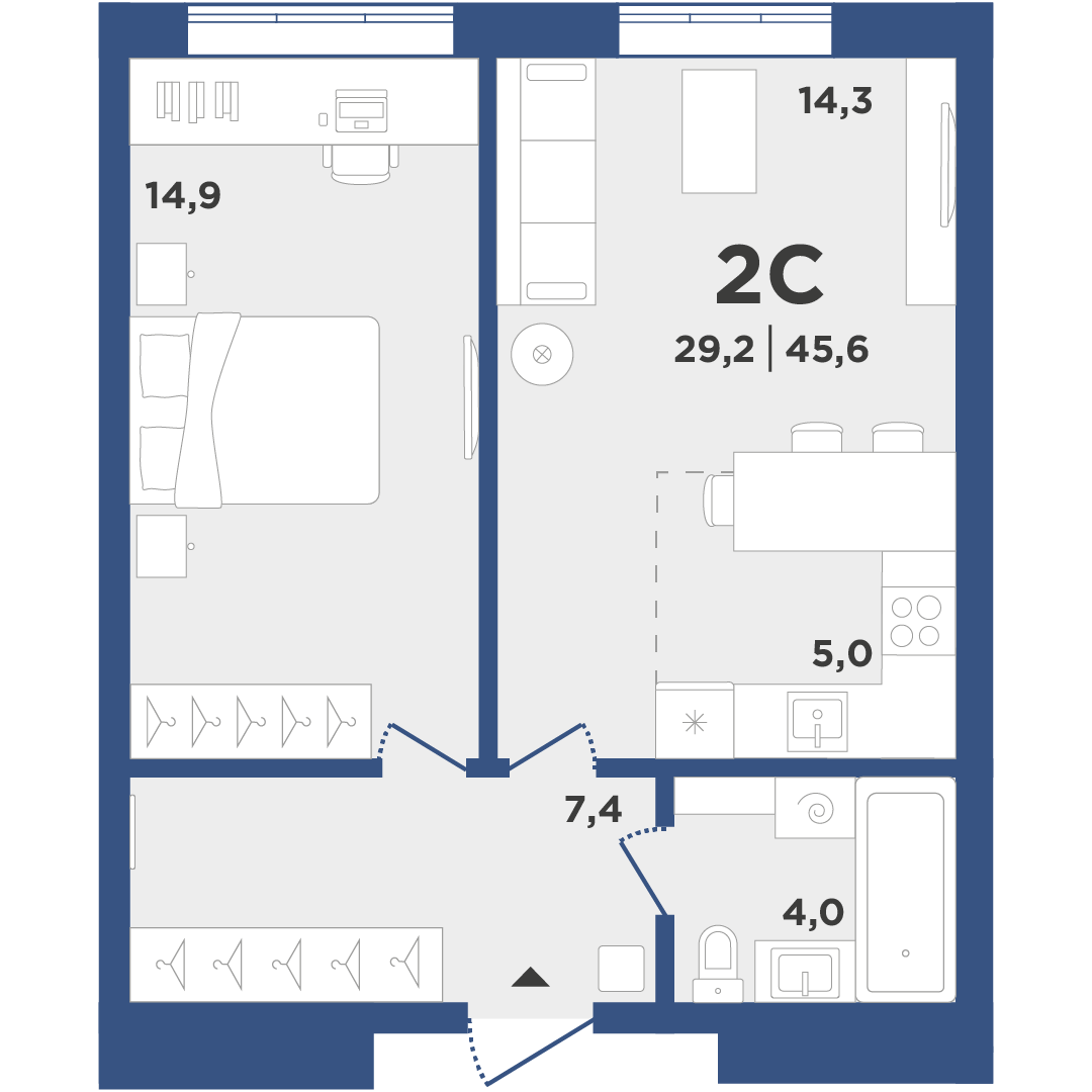 2-комнатная 45 м2 в ЖК Поколение корпус null этаж 1
