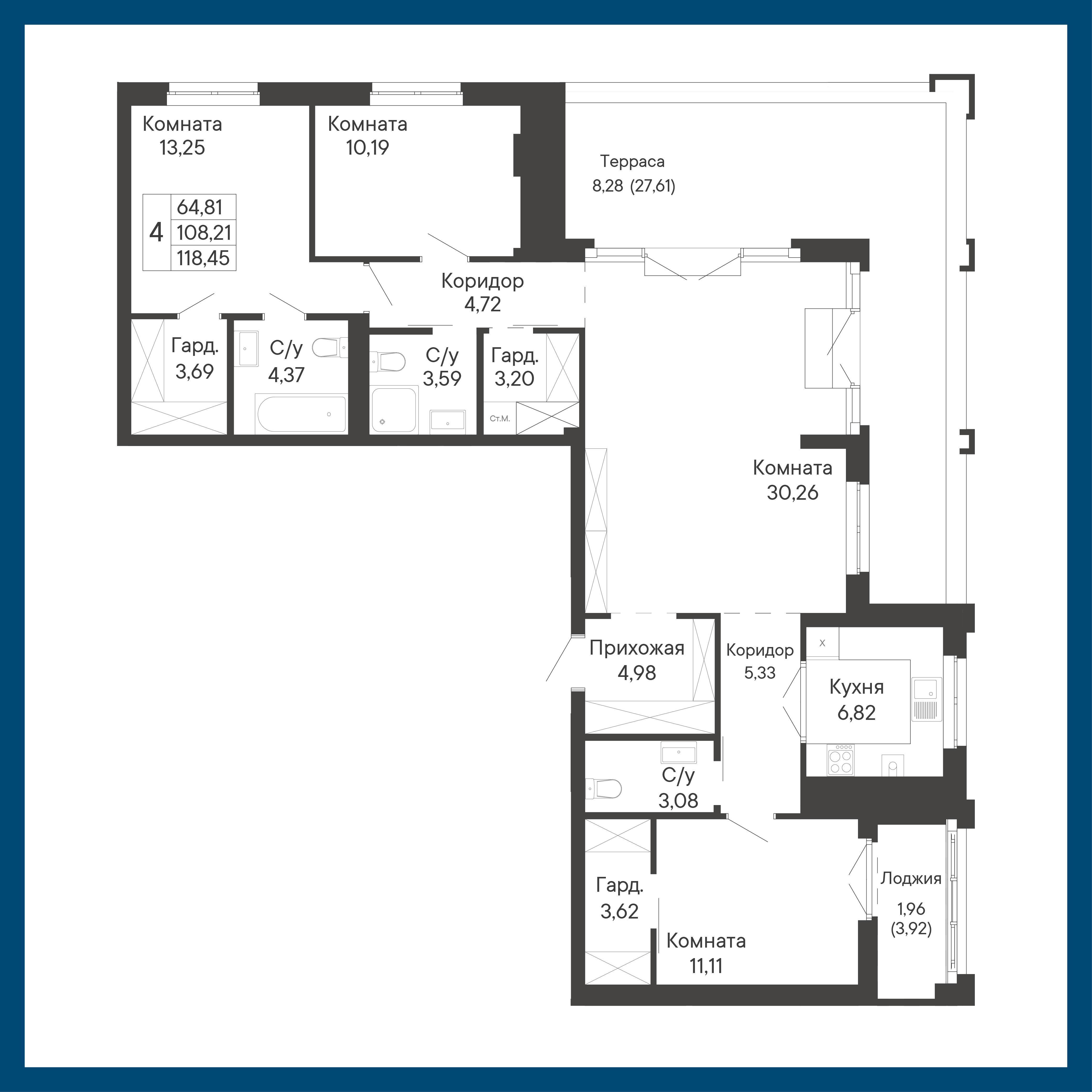4-комнатная 118 м2 в ЖК Курортный квартал «Ривьера» корпус null этаж 8