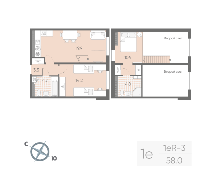 1-комнатная 58 м2 в ЖК Пулково Lake корпус null этаж 4