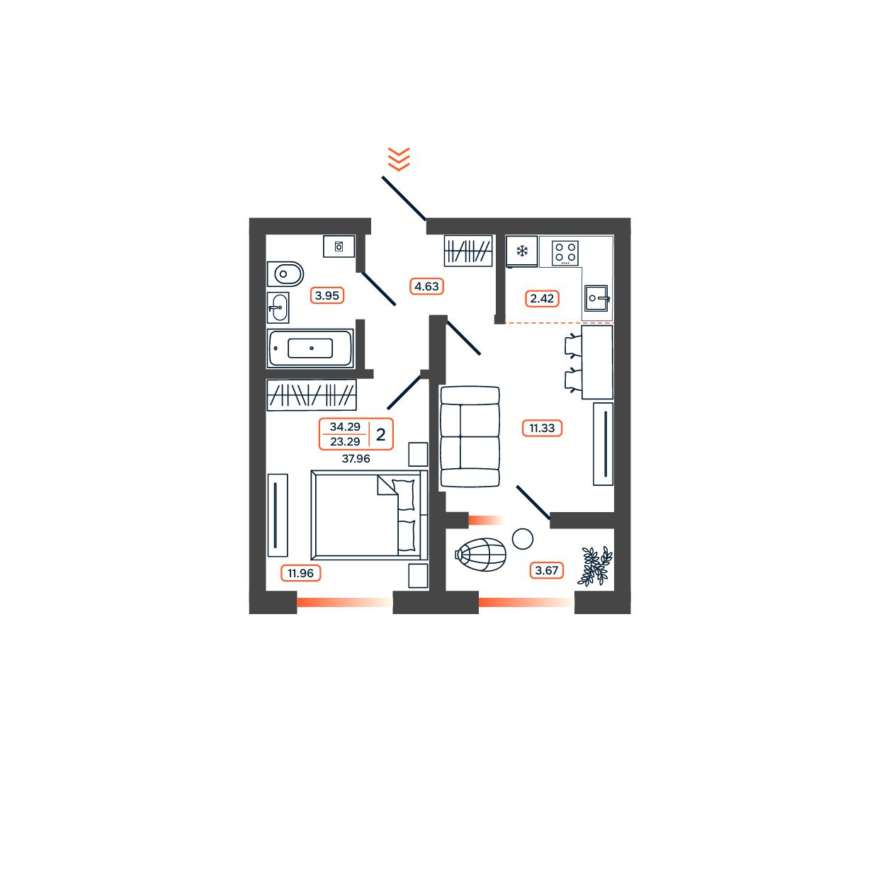 2-комнатная 37 м2 в ЖК Темп корпус null этаж 11