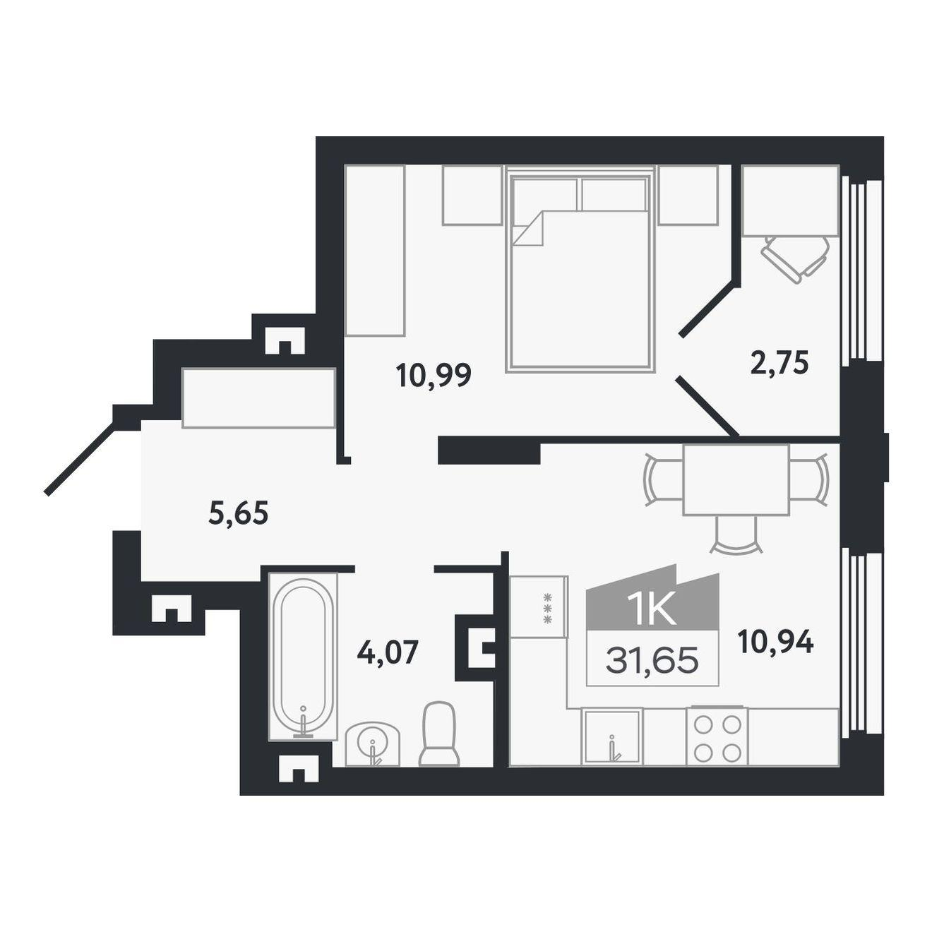 1-комнатная 31 м2 в ЖК Квартал 1604 корпус null этаж 4