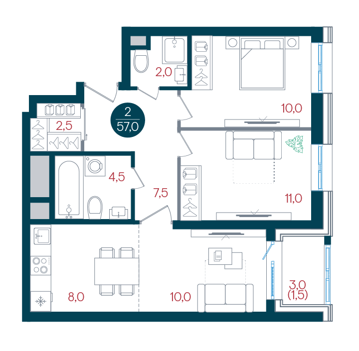 2-комнатная 57 м2 в ЖК Русич Кантемировский корпус null этаж 17