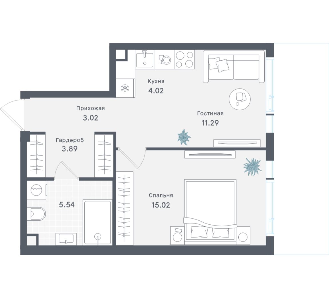1-комнатная 42 м2 в ЖК Solos корпус null этаж 15