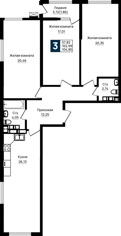 3-комнатная 104 м2 в ЖК Резиденция морей корпус null этаж 12